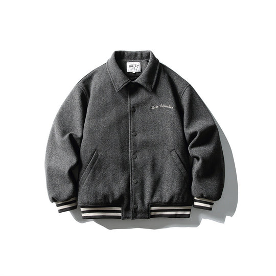 Herren Boxy College‑Blousonjacke aus Wollmix mit Druckknopfverschluss und gestreiften Rippbündchen Shop Nory
