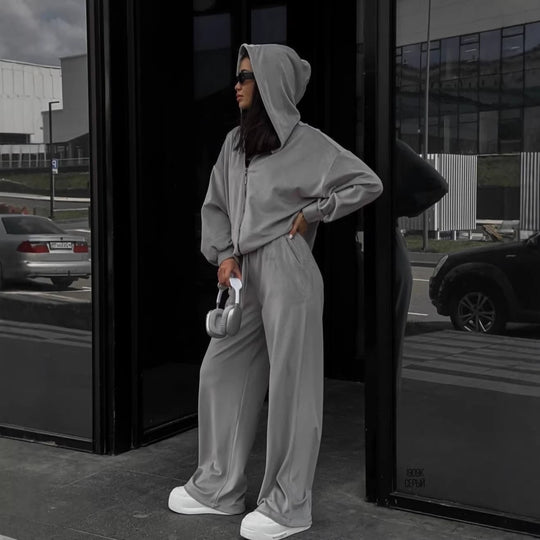 Damen luxuriöses Velours-Lounge-Set mit kurzem Reißverschluss-Hoodie und weitem High-Waist-Hose Shop Nory