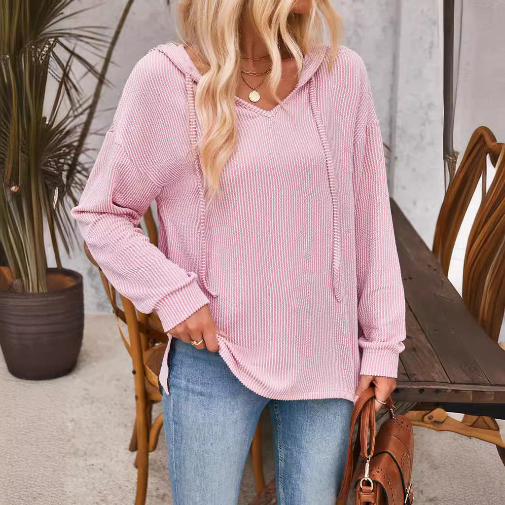 Damen lässiger Sweater mit V-Ausschnitt und Kordelzug