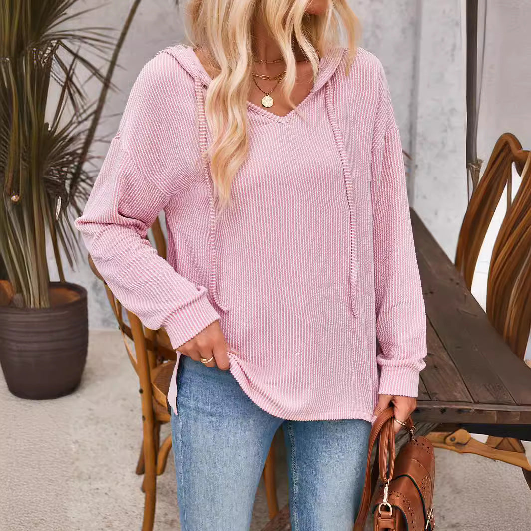 Damen lässiger Sweater mit V-Ausschnitt und Kordelzug