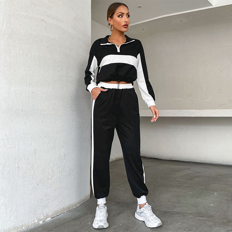Damen Sportives Crop-Trainingsset mit Half‑Zip, Kontraststreifen & Tunnelzughose Shop Nory