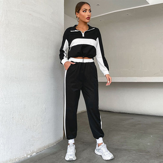 Damen Sportives Crop-Trainingsset mit Half‑Zip, Kontraststreifen & Tunnelzughose Shop Nory