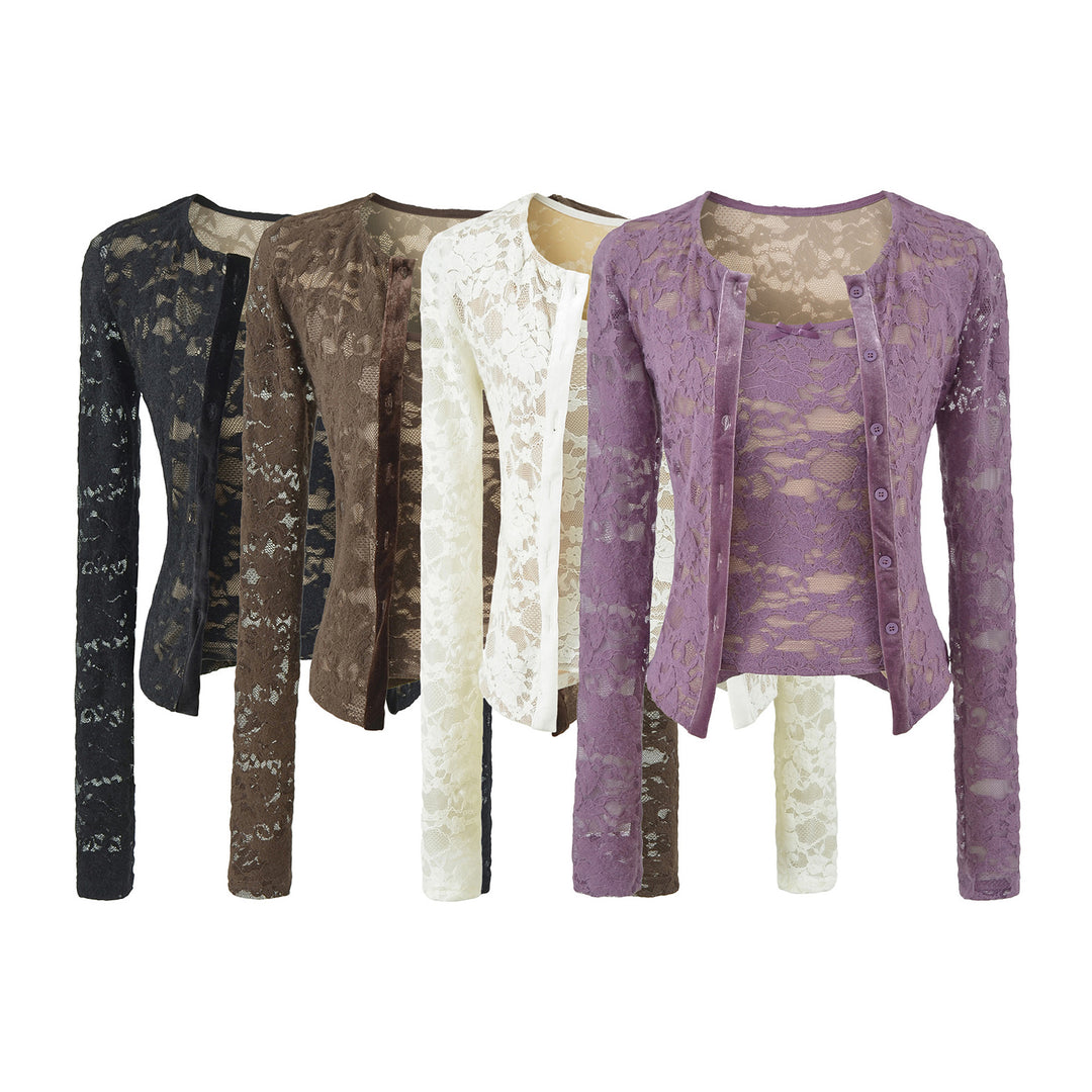 Damen Feiner Spitzen-Cardigan mit passendem Untertop und Samtbesatz Shop Nory