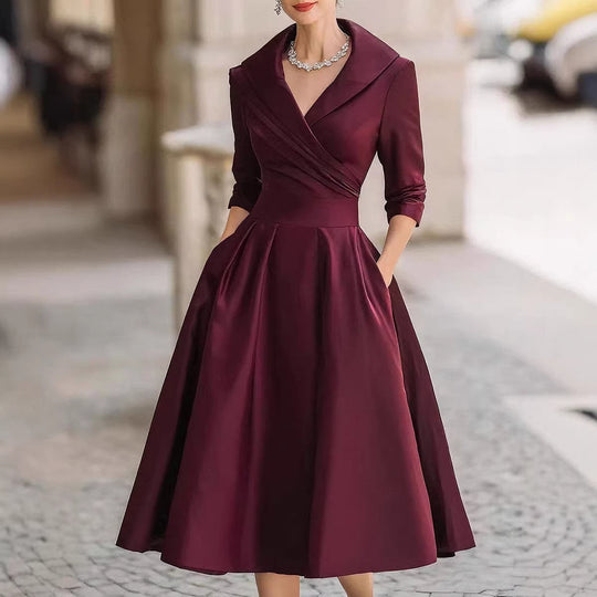 Damen Elegantes Satin-Midikleid mit Wickeloberteil, mittellangen Ärmeln und Eingrifftaschen Shop Nory