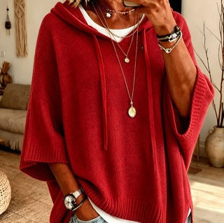 Damen Oversize Strickponcho mit Kapuze und kurzen Ärmeln Shop Nory