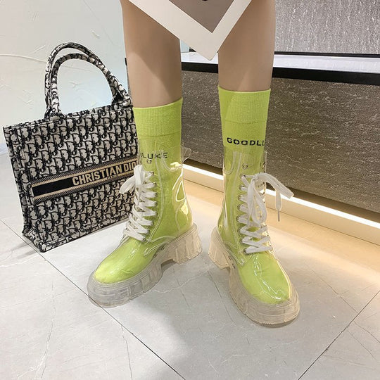 Damen trendige Stiefeletten im transparenten Design mit knalligem Detail