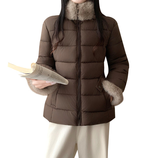 Damen nan taillierte Thermosteppjacke mit abnehmbarem Fake-Fur-Kragen und elastischem Taillengürtel Shop Nory