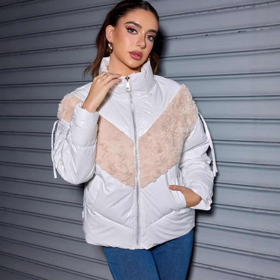 Damen Wattierte Steppjacke mit Kunstfell-V‑Einsatz, Stehkragen & Reißverschluss Shop Nory