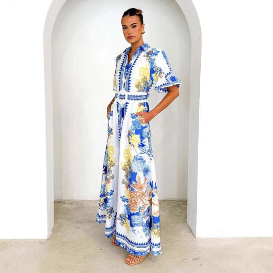 Damen Maxikleid mit floralem Knopfleisten-Design und tailliertem Gürtel