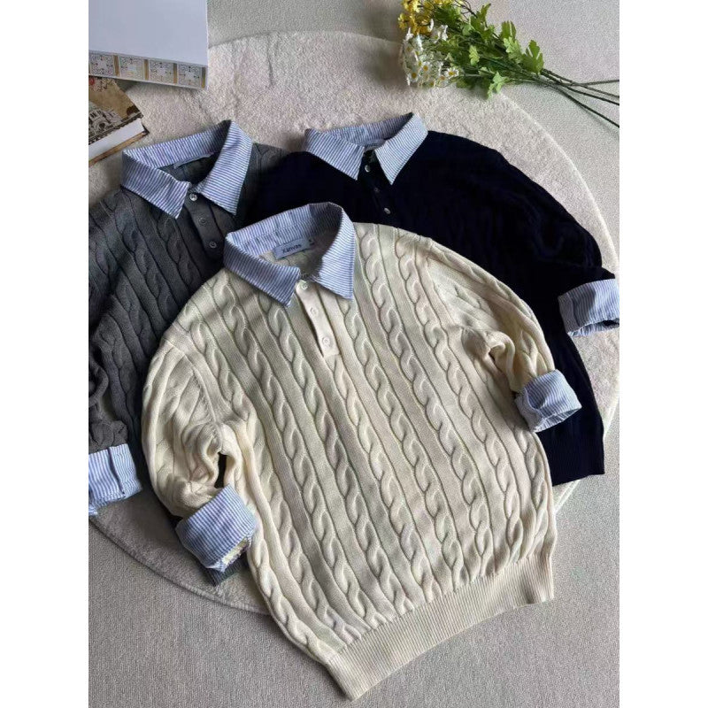 Damen gestrickter Polo-Pullover mit Zopfmuster und eingesetztem Hemdkragen Shop Nory