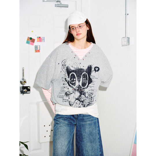 Damen Lagenlook-Longsleeve mit gestreiften Ärmelärmeln und grafischem Statement-Print Shop Nory