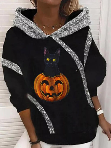Damen Halloween Kapuzenpullover mit Kürbis- und Katzenprint, Paillettenbesatz und Oversize-Schnitt Shop Nory