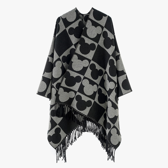 Damen Jacquard‑Überwurfponcho mit figurativem Kopf‑Silhouetten‑Muster, Fransen und offenem Fall Shop Nory