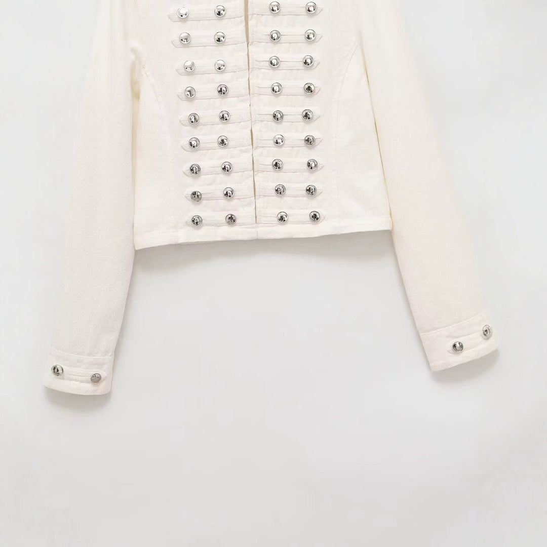 Damen Jeansjacke im Militärstil mit Stehkragen und dekorativen Zierknopfleisten Shop Nory