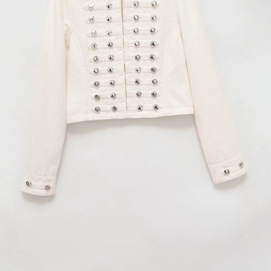 Damen Jeansjacke im Militärstil mit Stehkragen und dekorativen Zierknopfleisten Shop Nory