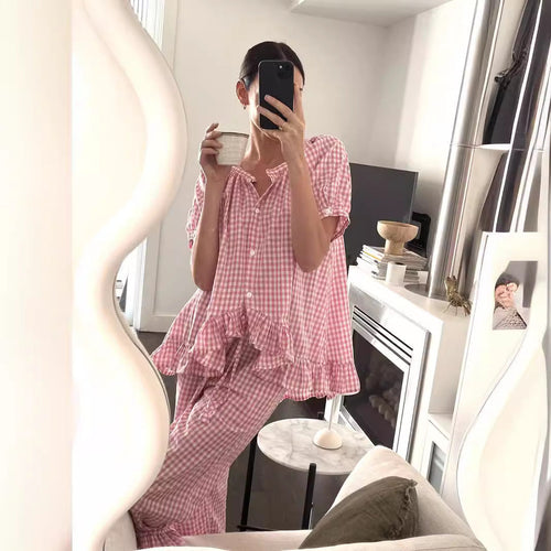 Damen Pyjama-Set mit Rüschen und Karomuster