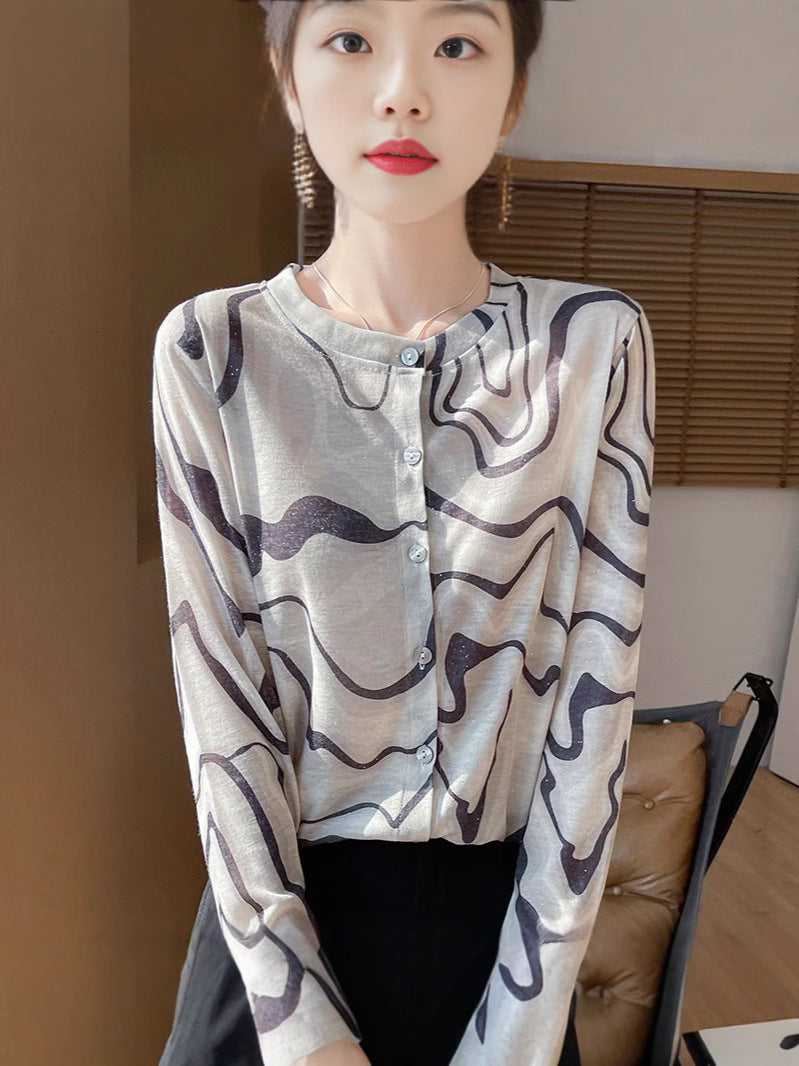 Damen Leichter Aquarell‑Print Feinstrick‑Cardigan mit Rundhalsausschnitt und Knopfleiste Shop Nory