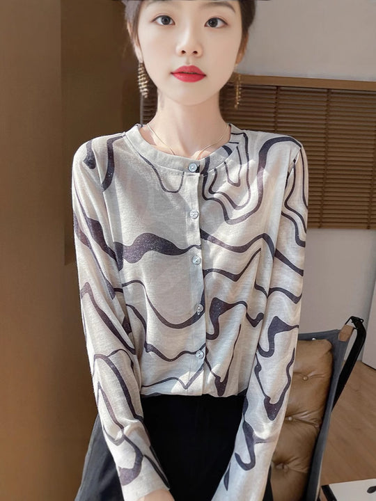 Damen Leichter Aquarell‑Print Feinstrick‑Cardigan mit Rundhalsausschnitt und Knopfleiste Shop Nory
