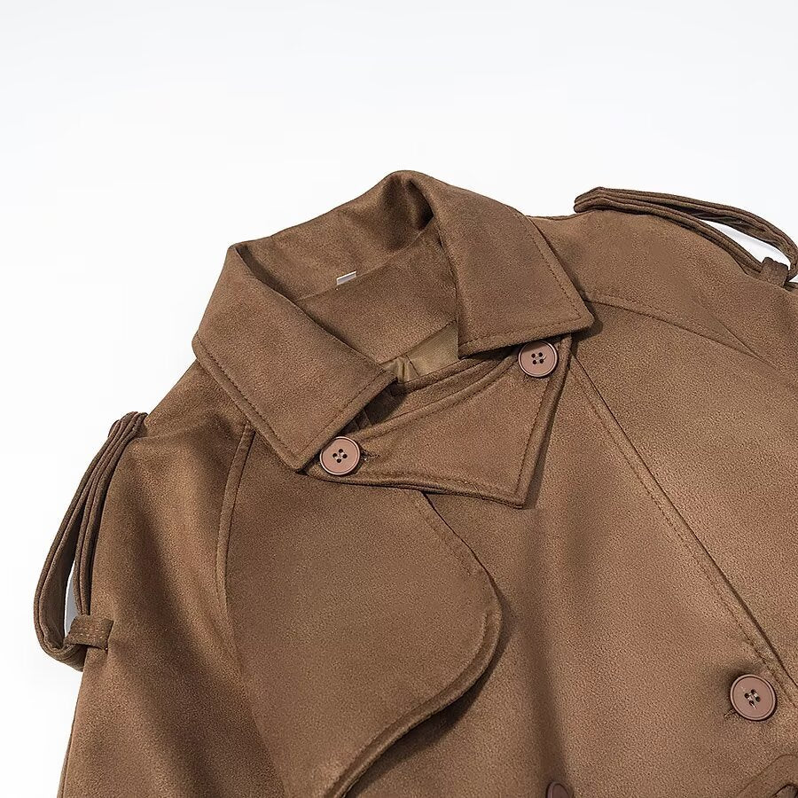 Damen Eleganter langer Taillentrenchcoat mit doppelreihiger Knopfleiste und ausgestelltem Saum Shop Nory