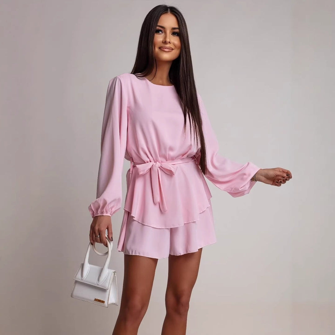 Damen Kurzkleid mit Volantrock, Taillenbindegürtel und Ballonärmeln Shop Nory