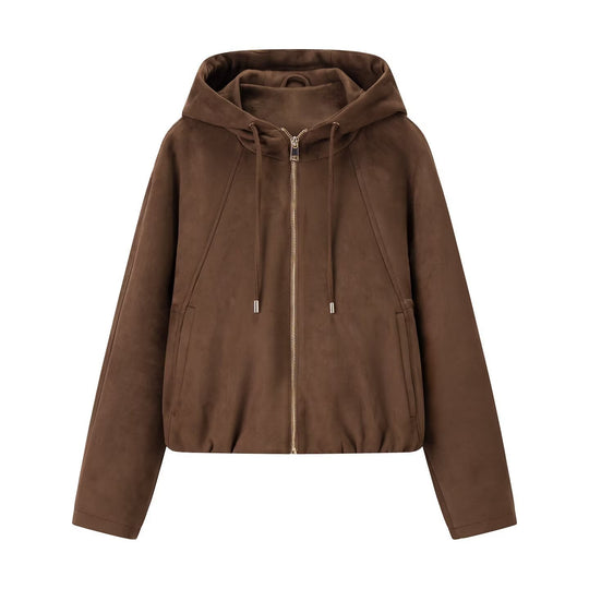 Damen Kurzjacke im Veloursleder‑Look mit Kapuze, Tunnelzug und Reißverschluss Shop Nory