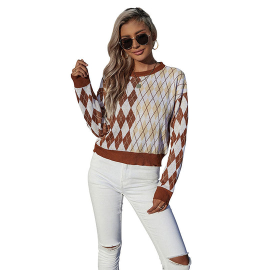 Damen Rauten-Strickpullover mit relaxed Fit und Rundhalsausschnitt Shop Nory