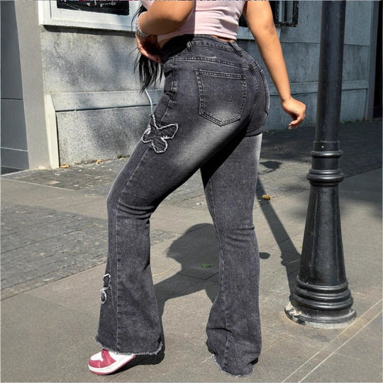 Damen Hochtaillierte Flared-Jeans mit Schmetterlingsstickerei, rohem Saum und sculptendem Stretchbund Shop Nory