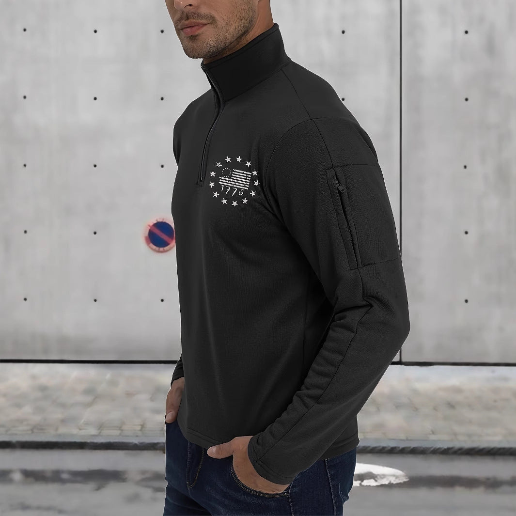 Herren Taktischer Halb-Reißverschluss Pullover mit Ärmeltasche und patriotischem Brustprint Shop Nory