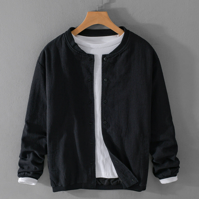 Herren Leichte Leinen-Bomberjacke mit Stehkragen und Druckknöpfen Shop Nory