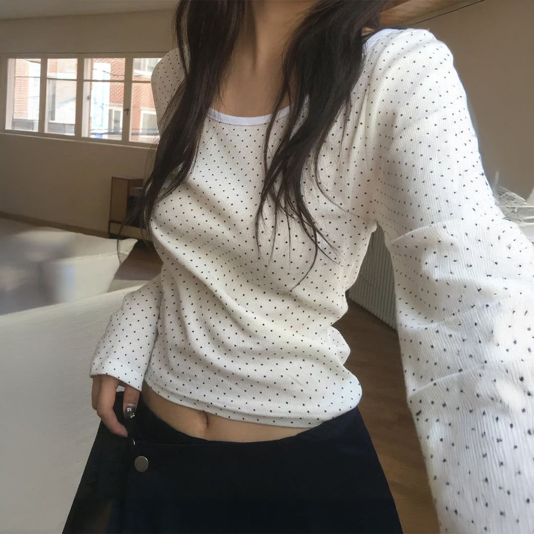 Damen nan geripptes Crop-Longsleeve mit feinem Pünktchenmuster und U-Ausschnitt Shop Nory