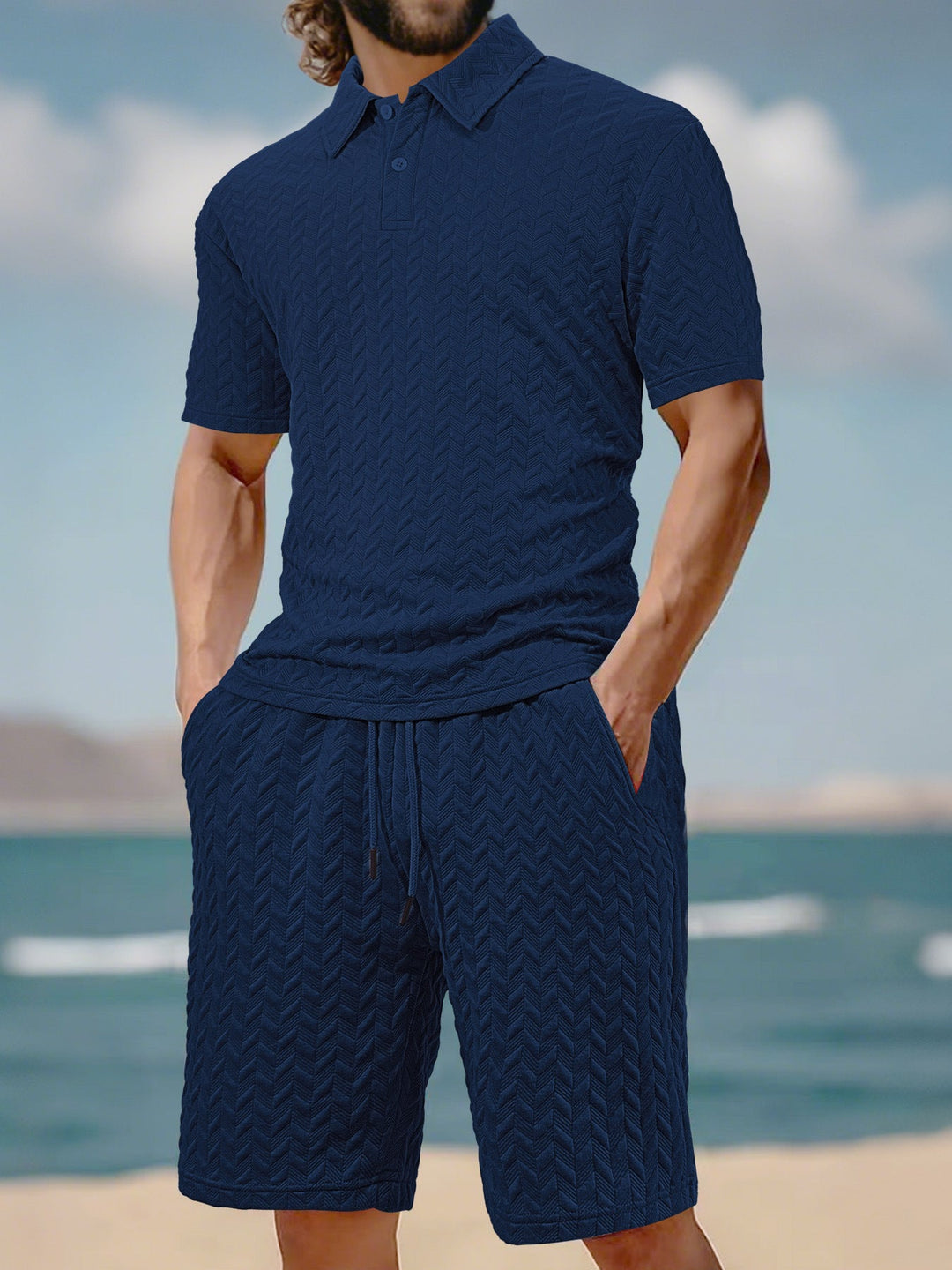 Herren nan geprägtes Strand-Ensemble mit offenem Kurzarm-Hemd und Kordel-Bermuda