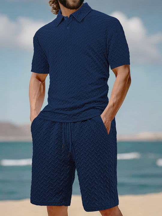 Herren nan geprägtes Strand-Ensemble mit offenem Kurzarm-Hemd und Kordel-Bermuda