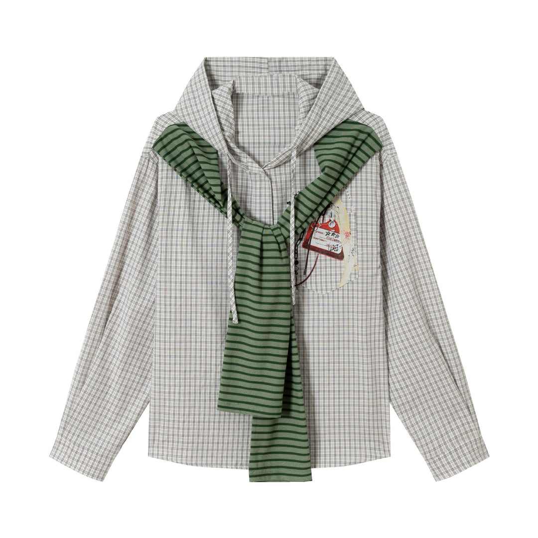 Damen Oversize Hemdjacke mit Kapuze, angenähtem Strickschal und Brustpatch Shop Nory