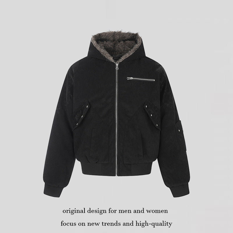 Damen Oversize Velours-Bomberjacke mit Kapuze, Kunstfellfutter und Reißverschluss-Front Shop Nory