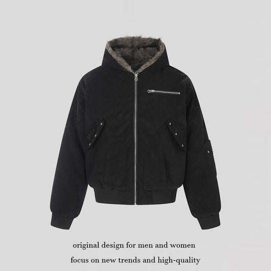 Damen Oversize Velours-Bomberjacke mit Kapuze, Kunstfellfutter und Reißverschluss-Front Shop Nory