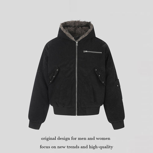 Damen Oversize Velours-Bomberjacke mit Kapuze, Kunstfellfutter und Reißverschluss-Front Shop Nory