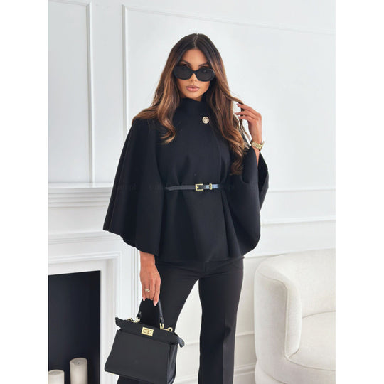 Damen Cape-Mantel mit tailliertem Ledergürtel und Stehkragen Shop Nory