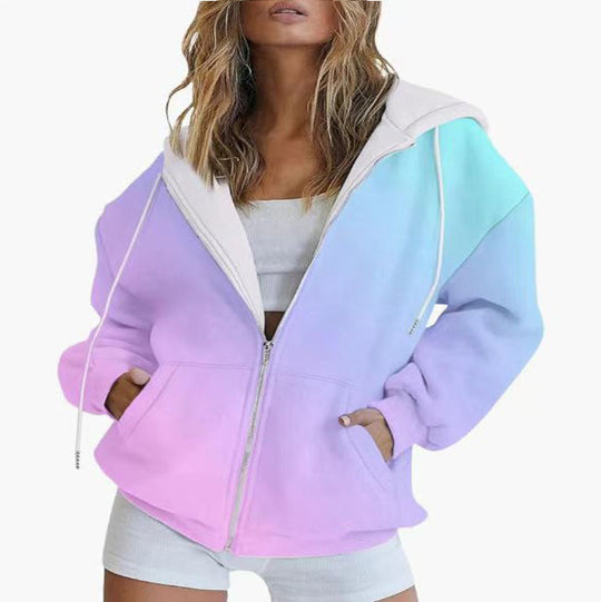 Damen Oversized Kapuzenjacke mit Farbverlauf und Praktischen Taschen Shopnory