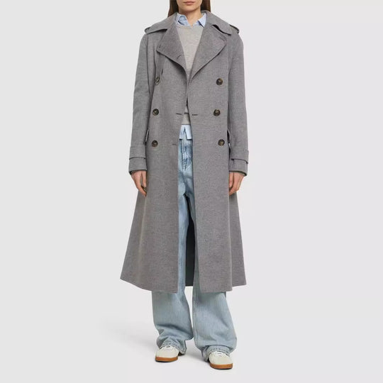 Damen Midilanger Taillierter Doppelreiher‑Trenchcoat aus Wollmix mit ausgestelltem Saum Shop Nory