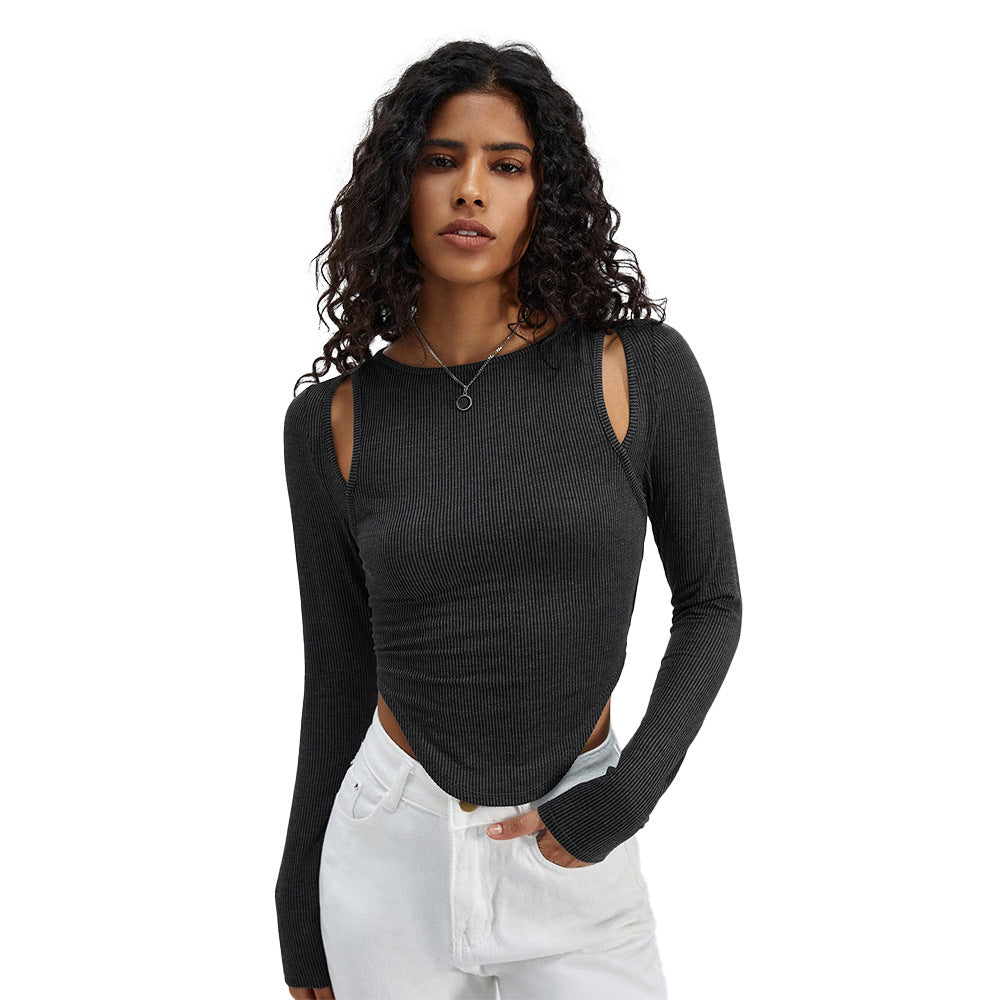 Damen geripptes Langarmshirt mit Cut-Out-Schultern und asymmetrischem Saum Shop Nory