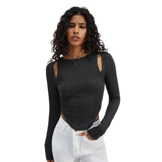 Damen geripptes Langarmshirt mit Cut-Out-Schultern und asymmetrischem Saum Shop Nory