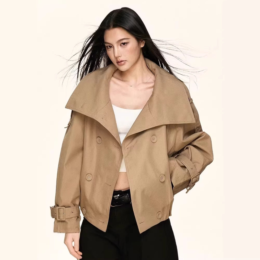 Damen Oversized Doppelreihige Trench-Bomberjacke mit hohem Stehkragen Shop Nory