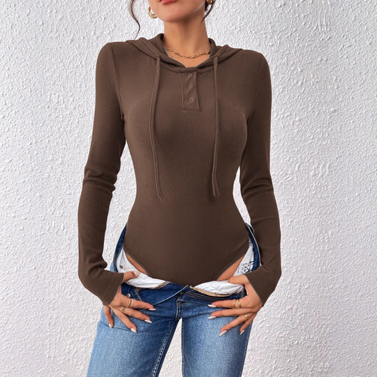 Damen Langarm Body mit Kapuze und Knopfdetail Shop Nory