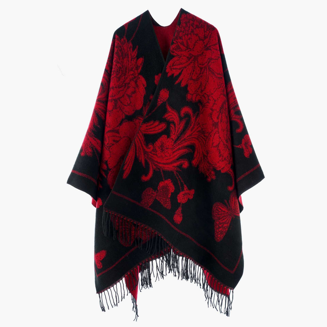 Damen Wendbarer Strickcape-Poncho mit Fransen und kontrastierenden Streifen Shop Nory