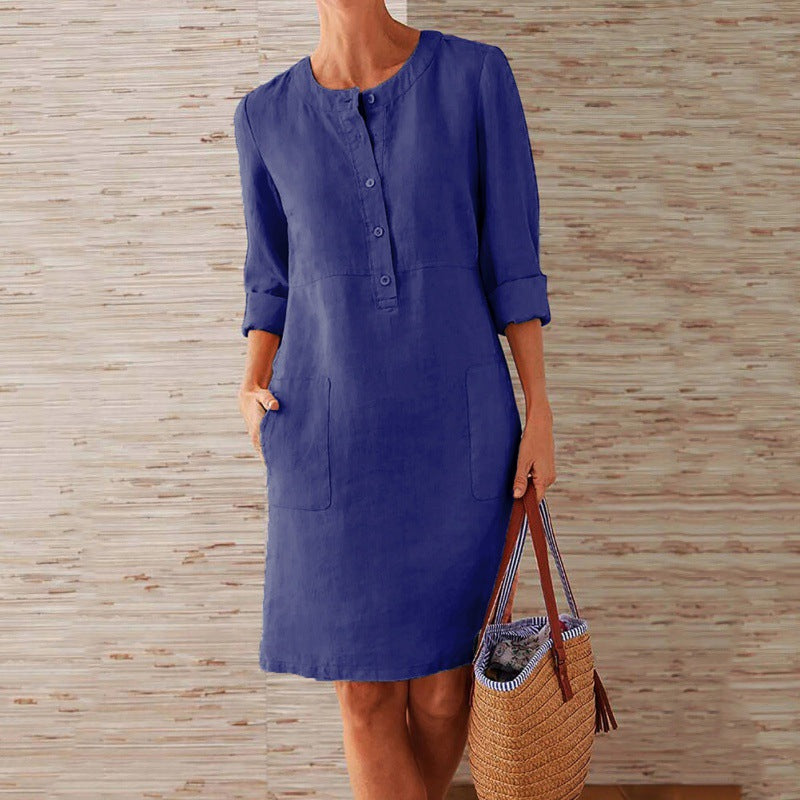 Damen Locker geschnittenes Leinenoptik-Kleid mit dreiviertel-Ärmeln, Knopfleiste und Eingrifftaschen Shop Nory