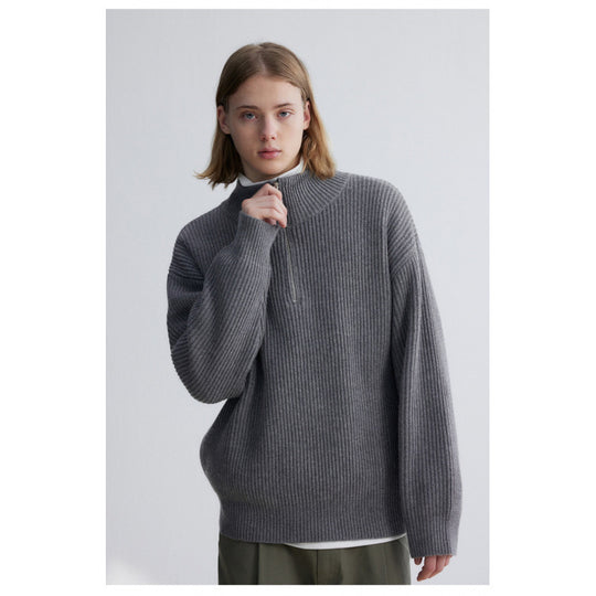 Herren Oversized Rippstrick-Halbzippullover mit verlängertem Arm und hohem Stehkragen Shop Nory