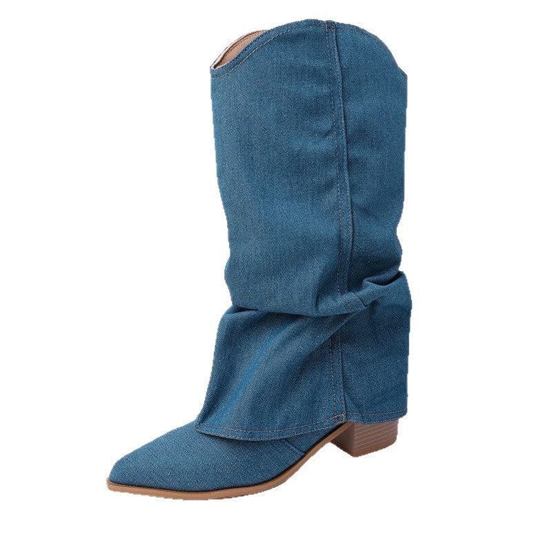 Damen Mid‑Calf Slouch‑Boots aus Denim mit spitzer Zehenpartie und mittelhohem Blockabsatz Shop Nory
