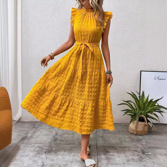 Damen Midikleid mit Stehkragen, Rüschenärmeln und Taillengürtel Shop Nory