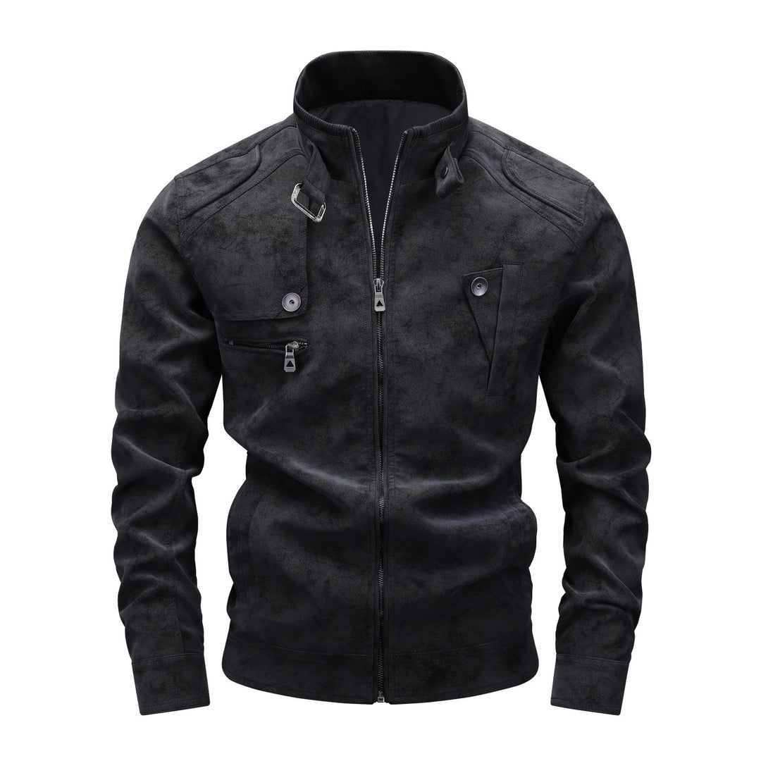 Herren Slim-Fit Biker-Bomberjacke aus Wildlederimitat mit Stehkragen und Zierknöpfen Shop Nory