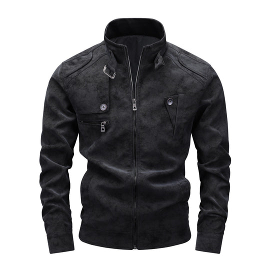 Herren Slim-Fit Biker-Bomberjacke aus Wildlederimitat mit Stehkragen und Zierknöpfen Shop Nory